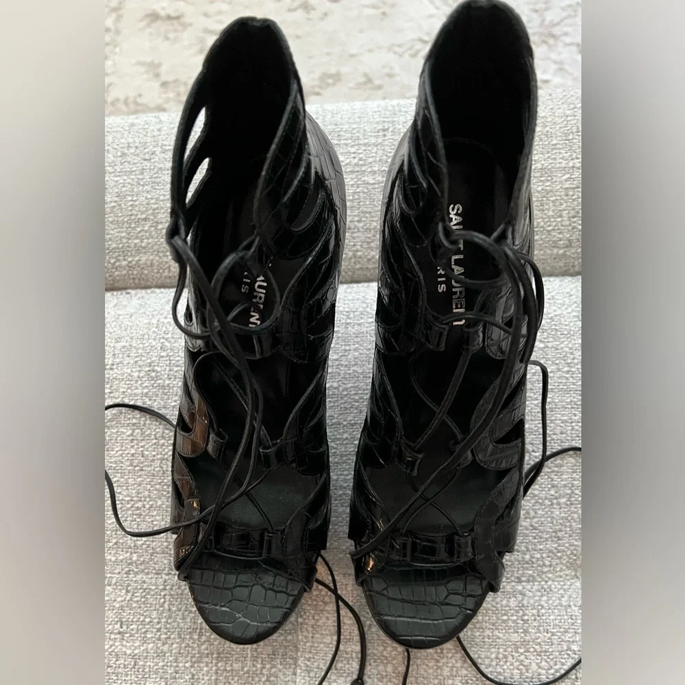 New Saint Laurent Black Croc Embossed Leather Platform Gladiator Sandals 37.5 - Picture 2 of 5